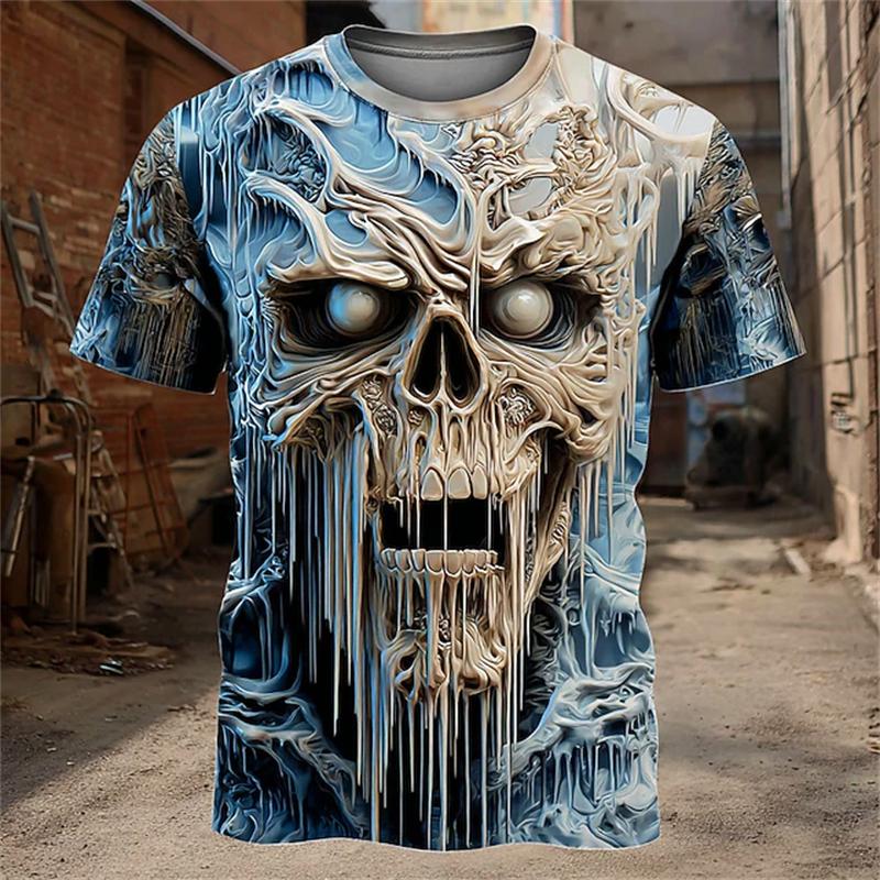 2025 Neues Herren Atmungsaktives Rundhals-T-Shirt mit Gruseligem Totenkopf-Print für Halloween Kurzarm Street Hip Hop Casual Outdoor Oberteil