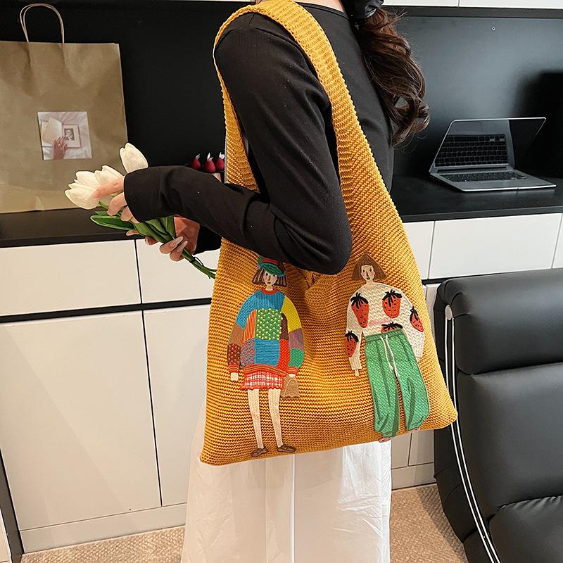 

Вязаная сумка большой вместимости женская весна-лето новая универсальная плетеная сумка через плечо для покупок тканевая сумка сумка-тоут жёлтый