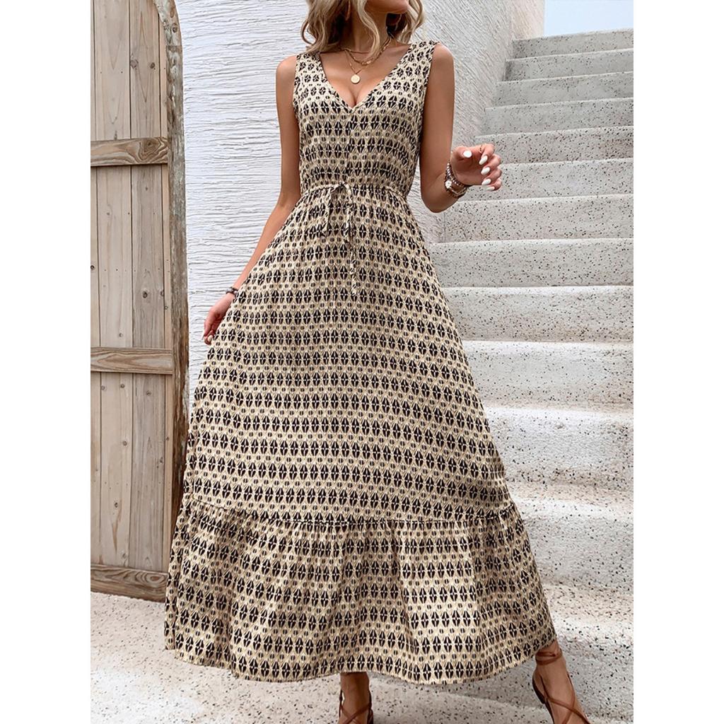 Summer Women Elegant High Waist Geometric Print Sleeveless Dress European American Casual Fashion Streetwear