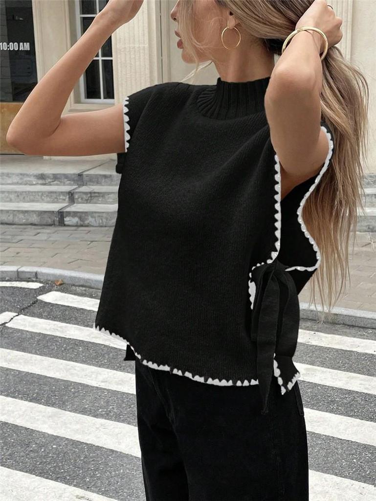 Women's Sleeveless Color Block Sweater Vest with Bow Tie Design (2026)