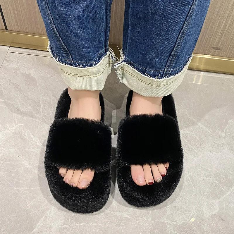 Fashion Home Furry Fur Slides Plush Slippers Fluffy Flip Flops Luxury Slip on Platform Women Fashion Shoe 2024 Zapato De Mujer Designer