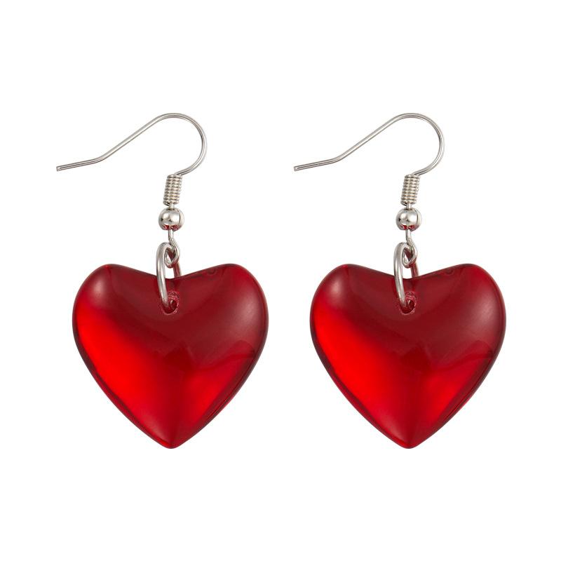 Sweet Transparent Red Glass Earrings Women Candy Color Heart Pendant Hook Ear Jewelry
