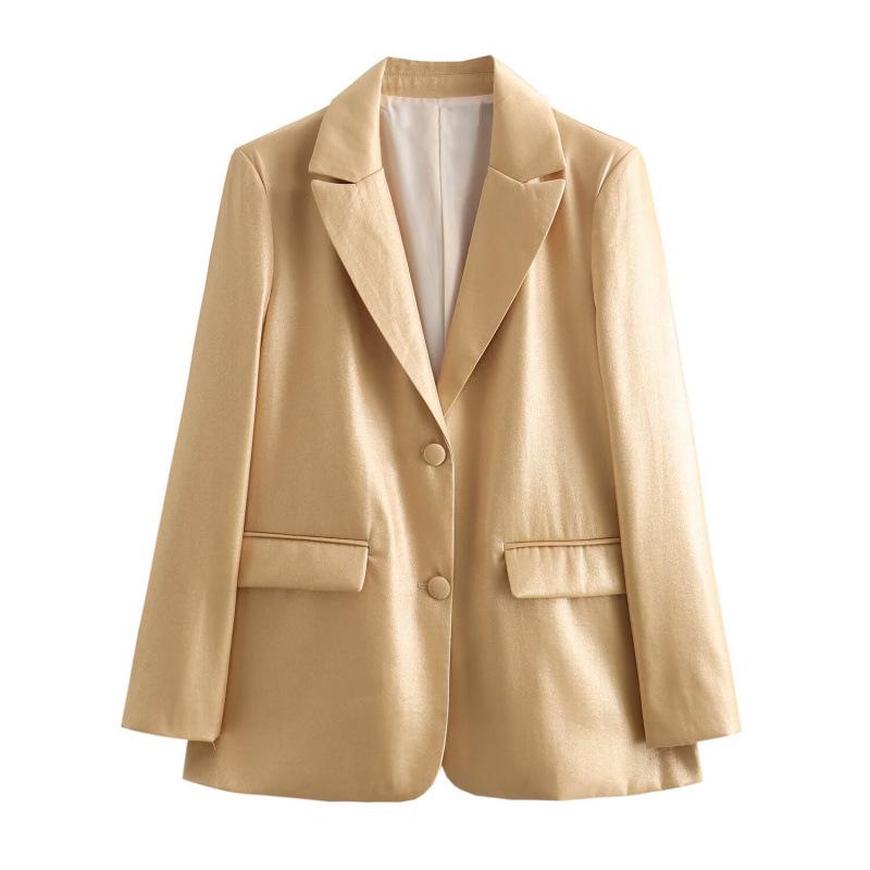 

European-American Retro Women s Metal Surface Straight Cut Blazer S золотой