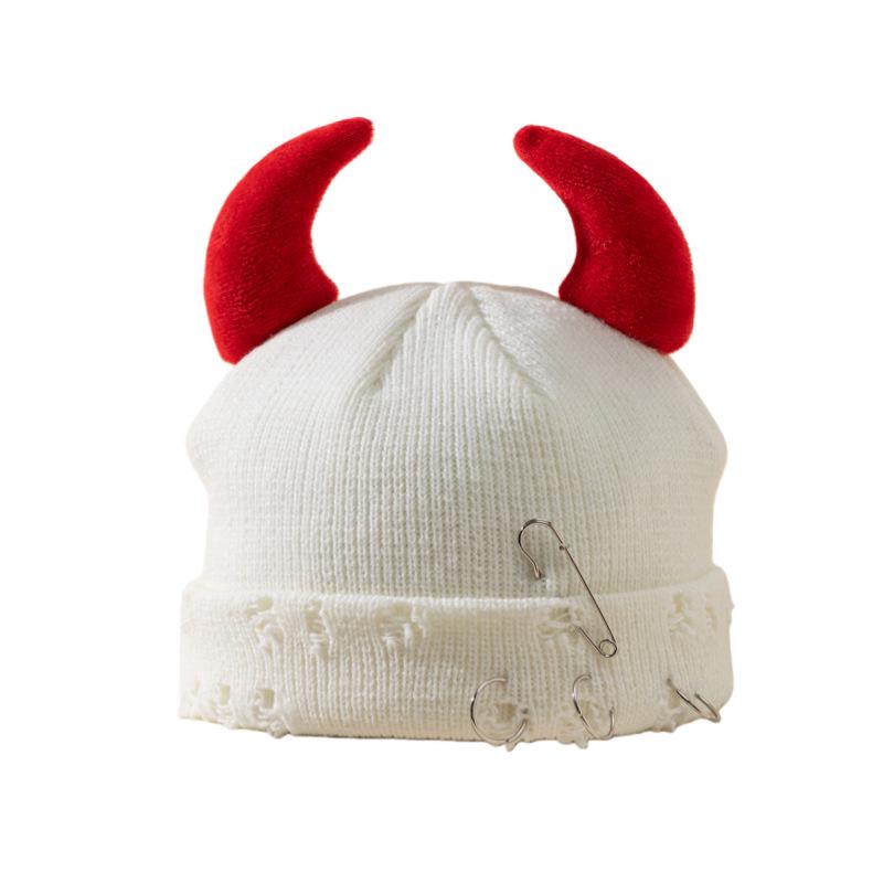 Korean Horn Button Wool Beanie with Devil Ears - Unisex Spring/Autumn Hat