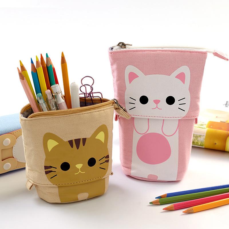 Cute Cat Standing Pencil Case Telescopic Pencil Holder Kawaii Stand Up Pencil Case School Supplies Stationery Children Gift