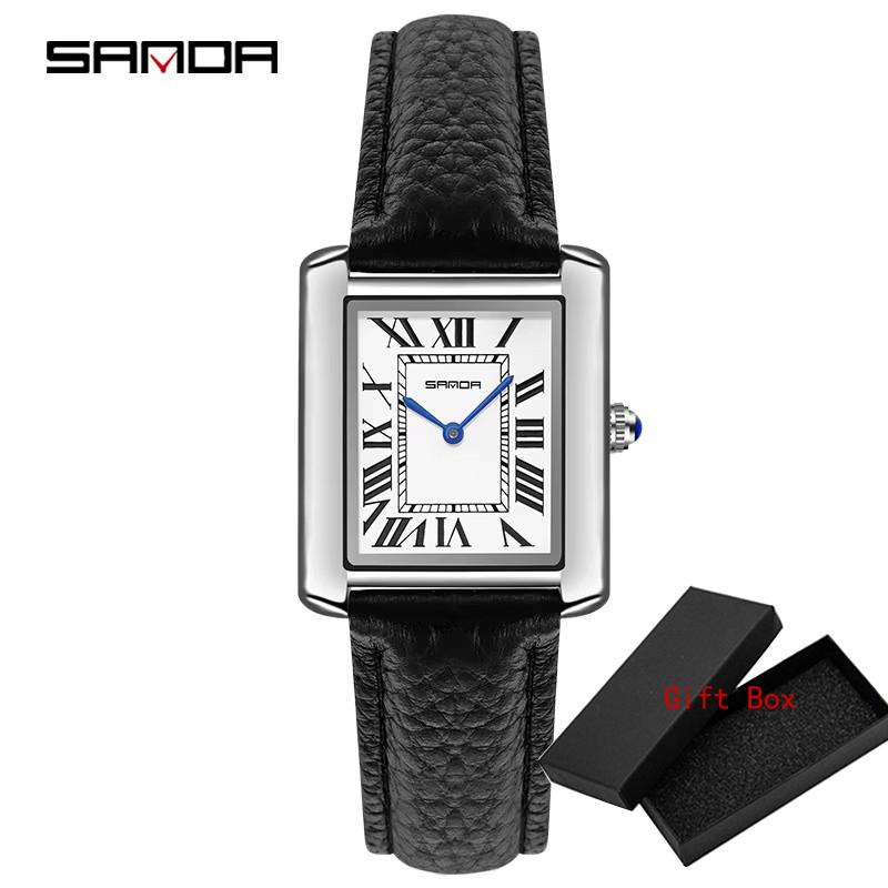 Sanda Rectangular Wrist Watches Women Man Unsex Silver Case Luxury Top Brand Leather Band Quartz Clock Zegarek Damski 1108