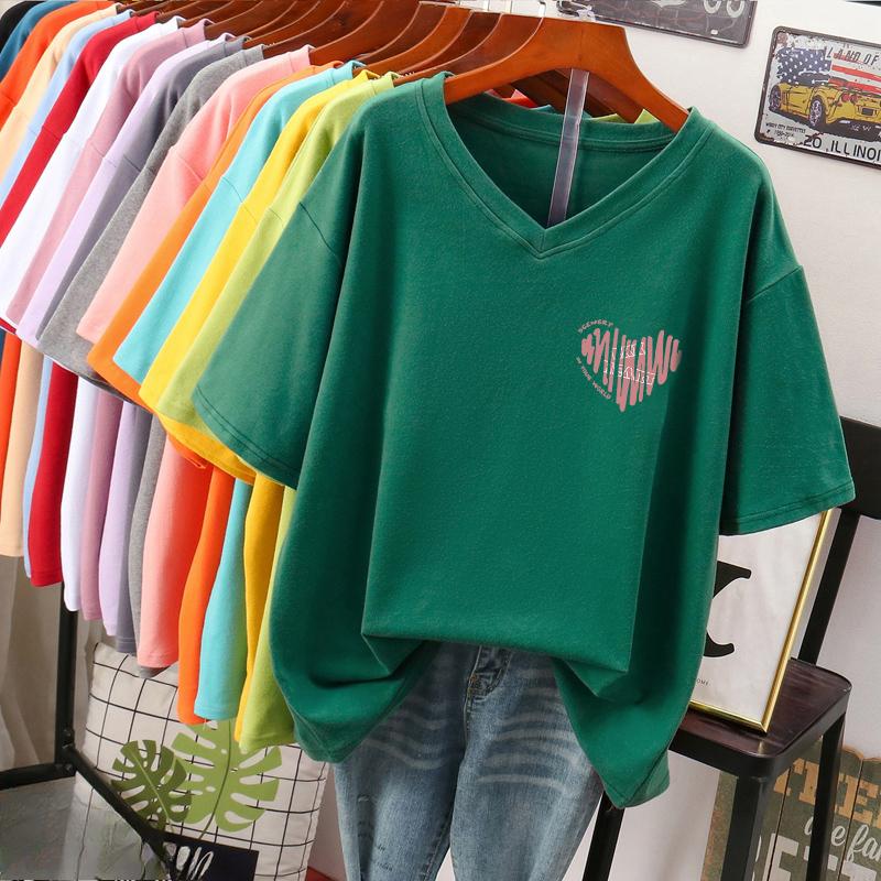T-shirt a maniche corte, Ampia, Top V-neck stampato snellente per donna