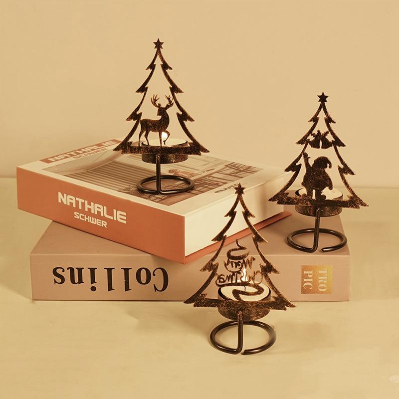 Christmas Candle Holders Xmas Tree Candlesticks Merry Christmas Iron Decoration Ornament Desktop Wooden Santa Claus Candlestick