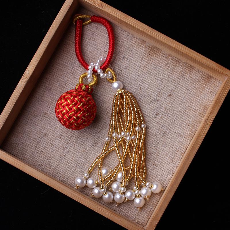 Number 16 Handmade Tassel Accessory with Ball Charm, Pearl, and Spinel Details.