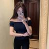 Human Cotton, Design Off-the-shoulder Top T-shirt, Careful Machine, One-word Shoulder Asymmetrical Slim-fitting and Thin Short-sleeved Bottoming Shirt
