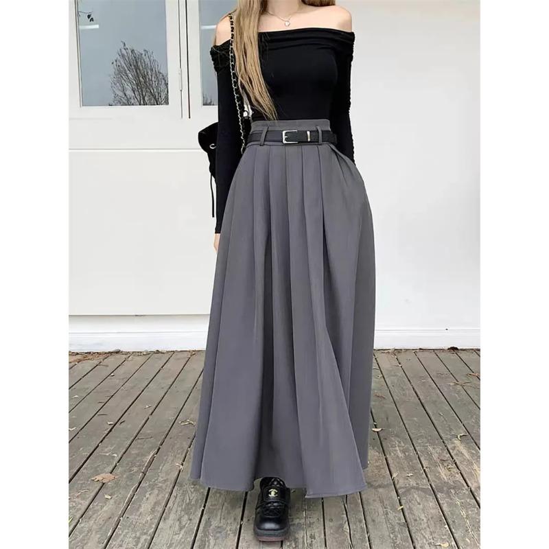 Women High Waist Jupe Korean Pleating Swing Skirt Vintage Fashion Spring Office Falda Holiday Loose Solid Long Skirt