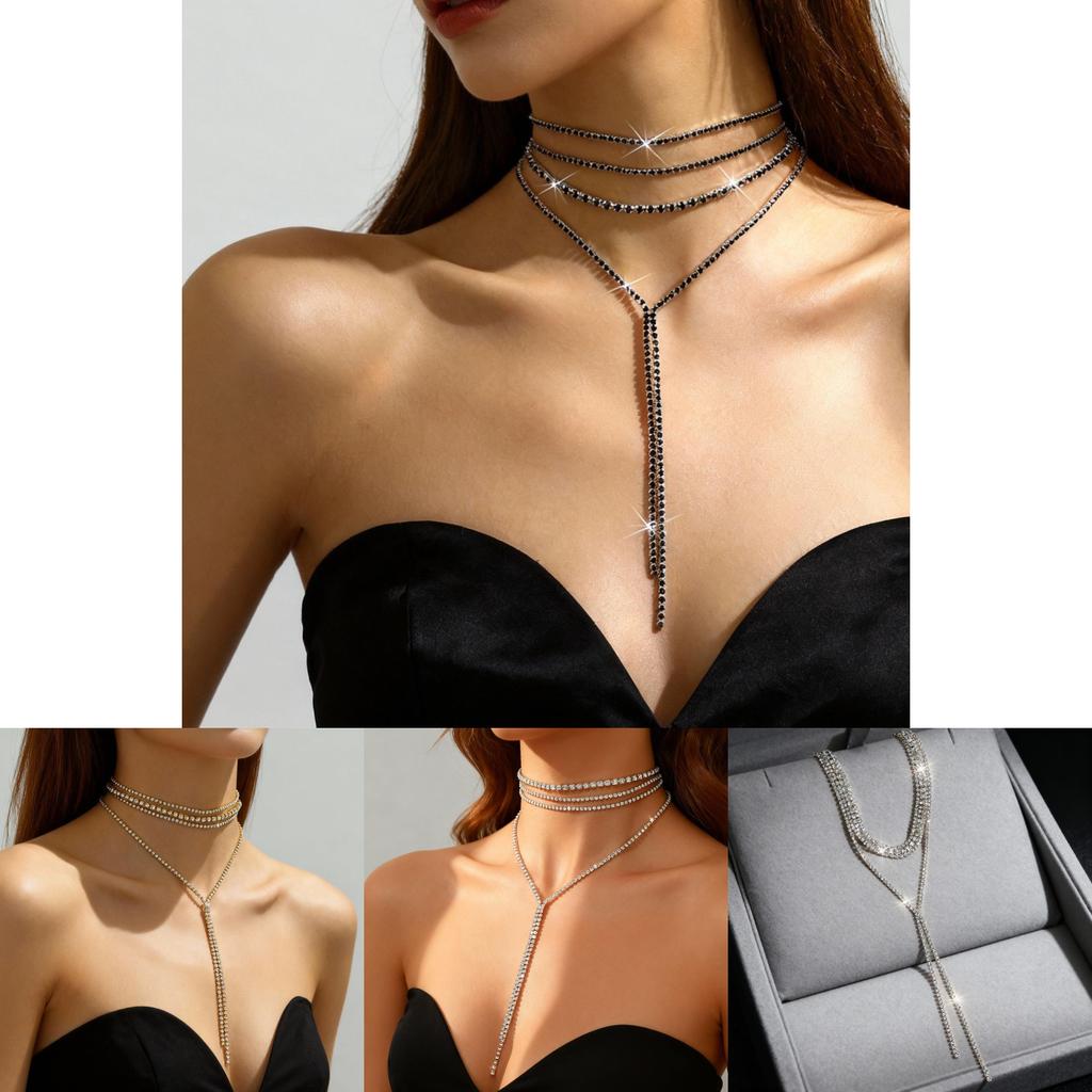 Silver Black Gold Plated Long Necklace With Water Crystals And Geometric Design For Womens Fashion