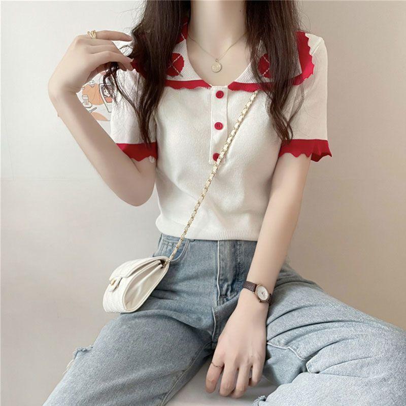 

Chic Tops for Women s Summer T-shirt Thin New Trendy Contrasting Color Short Sleeve French Sweet Cool Short Knitted Shirt One size чорний