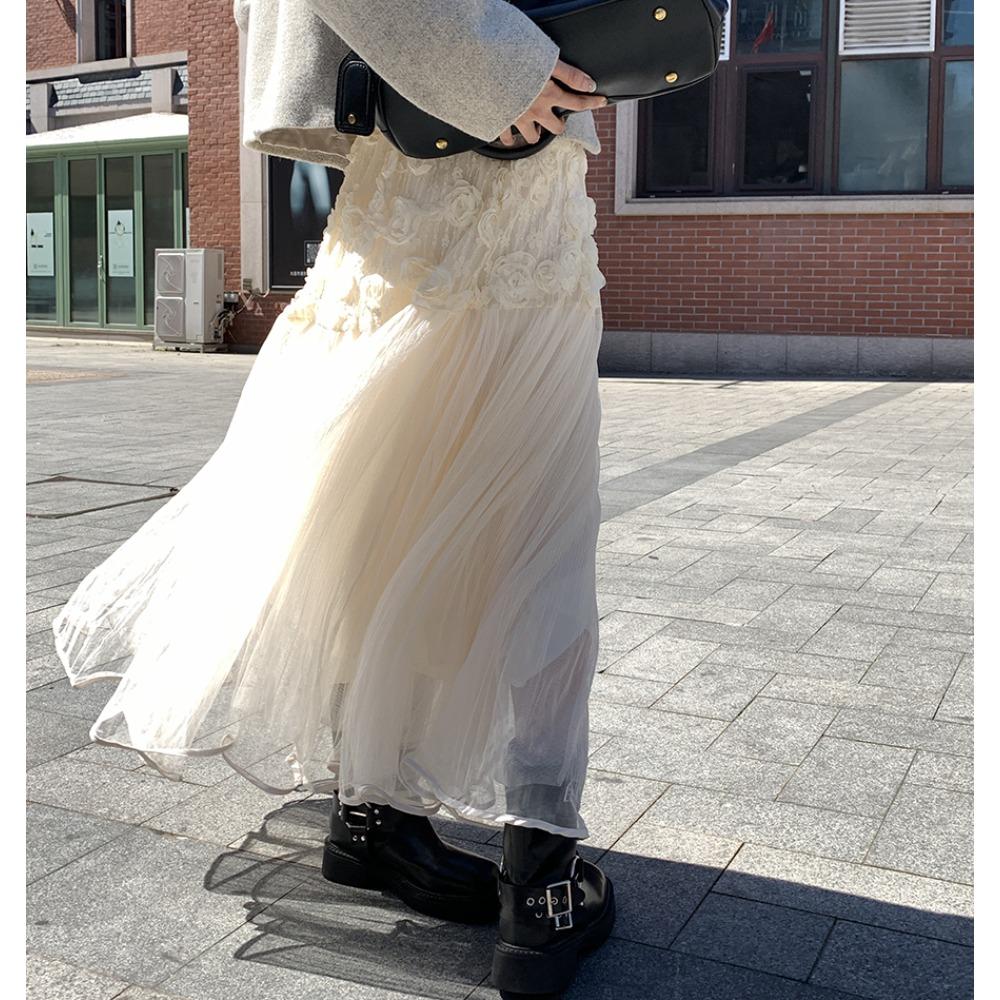 DIMANAF 2025 Sommer Frauen Neue Röcke Vintage Elastische Plissee Elegante Weiße Lange Röcke Spitze