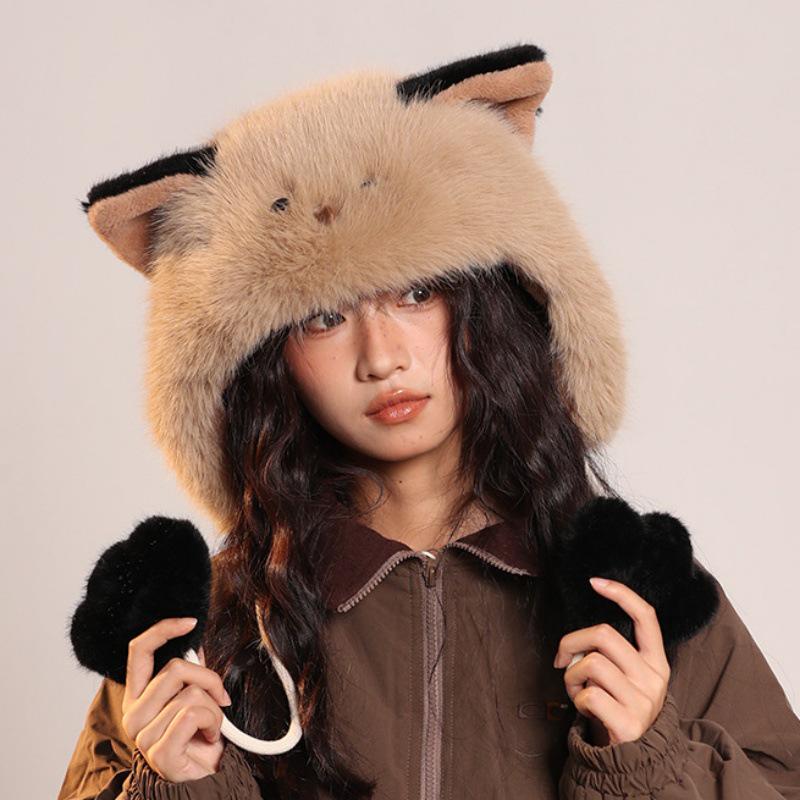 Women's Winter Fleece-Lined Cat Plush Hat for Outdoor & Cycling