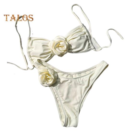 2Pcs/Set Women Bikini Set Adjustable Suspenders Open Back 3D Flower Decor Bra Quick Drying Briefs Set Beachwear