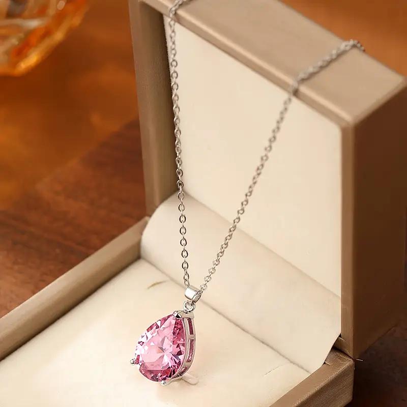 Huitan Pear Shape Pink Cubic Zirconia Pendant Necklace for Women Sweet Engagement Wedding Neck Accessories Trendy Jewelry