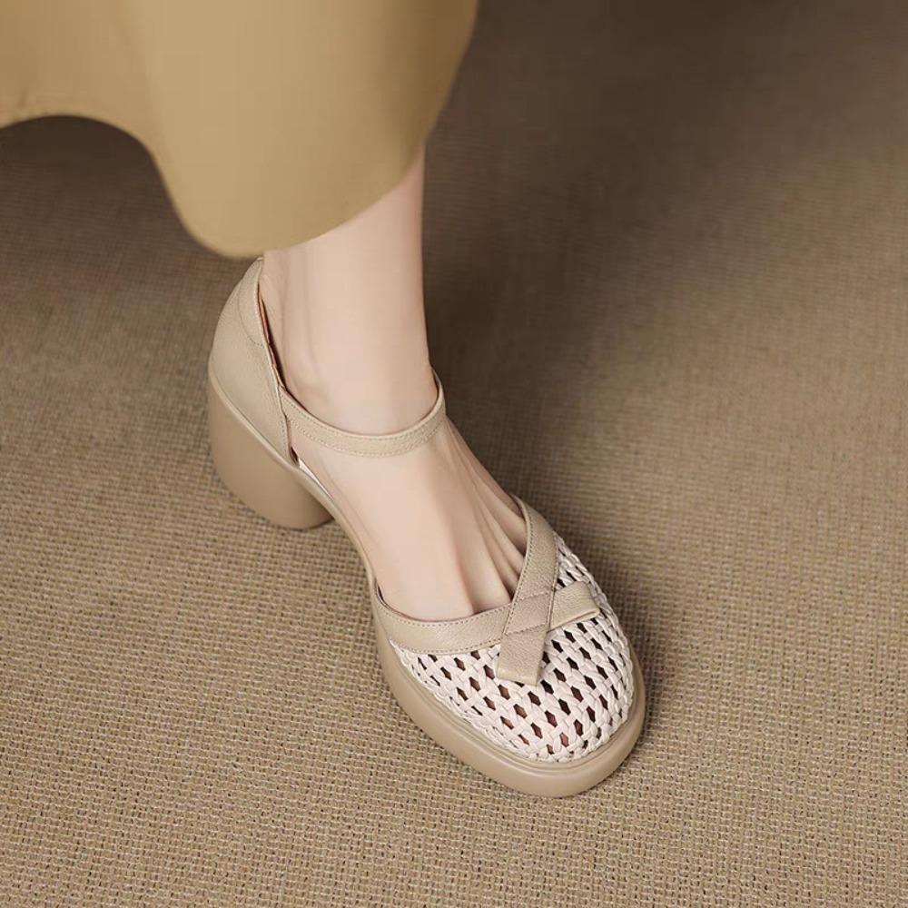 2026 Summer Hollow French Style Ankle Strap Cow Leather Platform Sandals Women Covered Toe High Heels Solid Party Dating Sandals