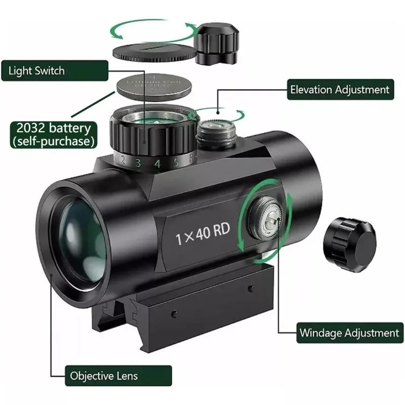 1X40 Red Green Dot Sight Metal Body 5 Bright Levels Durable Anti-Scratch Fit for 11mm/20mm Toy Gun Accessories