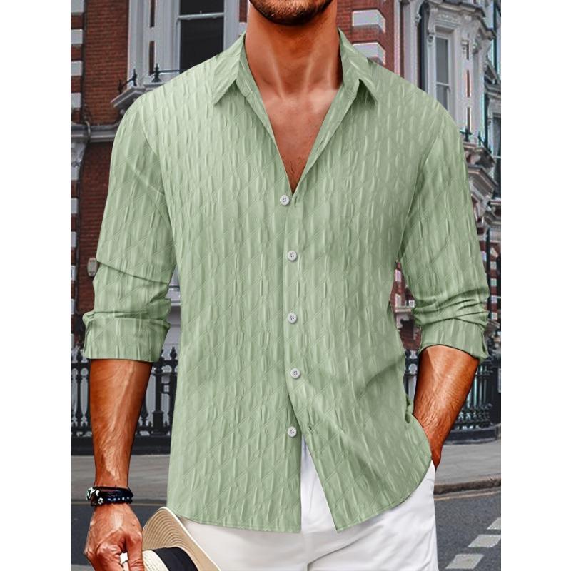 Camisa de Manga Larga a Cuadros Jacquard con Cuello Camisero de Solapa de Botón Único