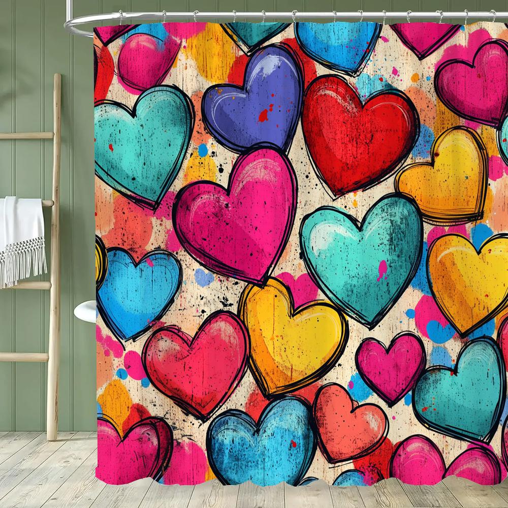 Modern Red Love Pattern Shower Curtain,Lover Printed Polyester Fabric Decorative Bathroom Curtain, Home Curtain with Hooks