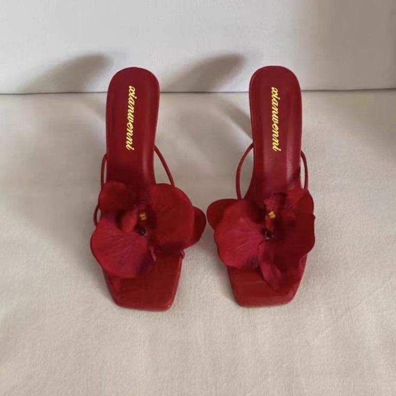 Fashion Fashion Women Heels Slippers Elegant Flower Design Women's Slippers Summer Comfortable Solid Color Beach Sandals Sandalias Mujer