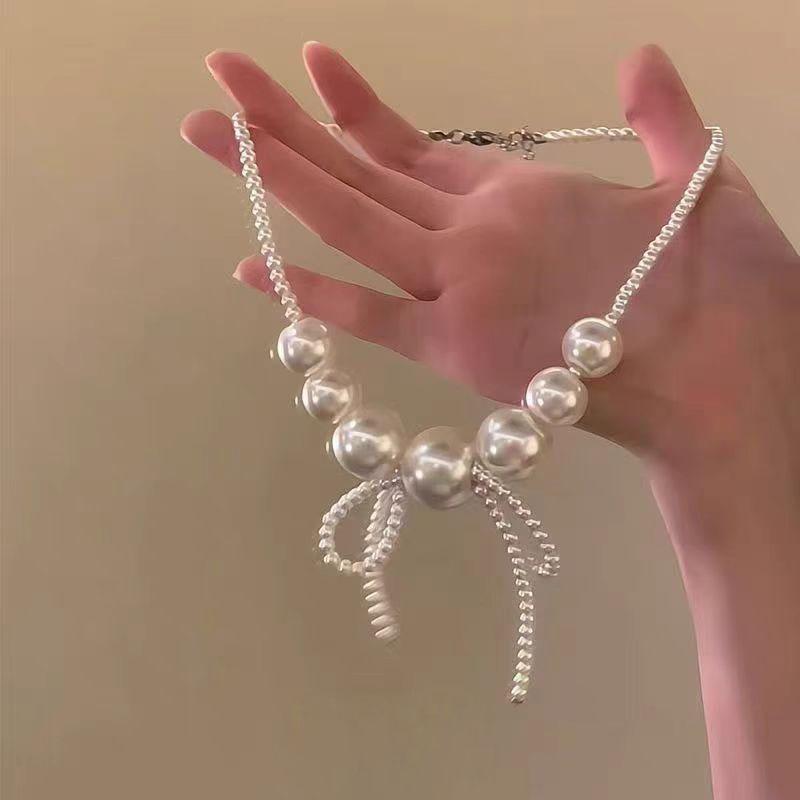"Xibo Moonflow" French Pearl Beaded Bow Necklace Women's Light Luxury Temperament Superior Sense Sweet Clavicle Chain