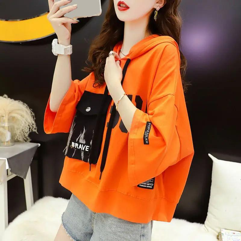 Summer Letter Printing Hoodies Women Round Neck Short Sleeve Drawstring Short Pullovers Ladies Korean Style Casual Top