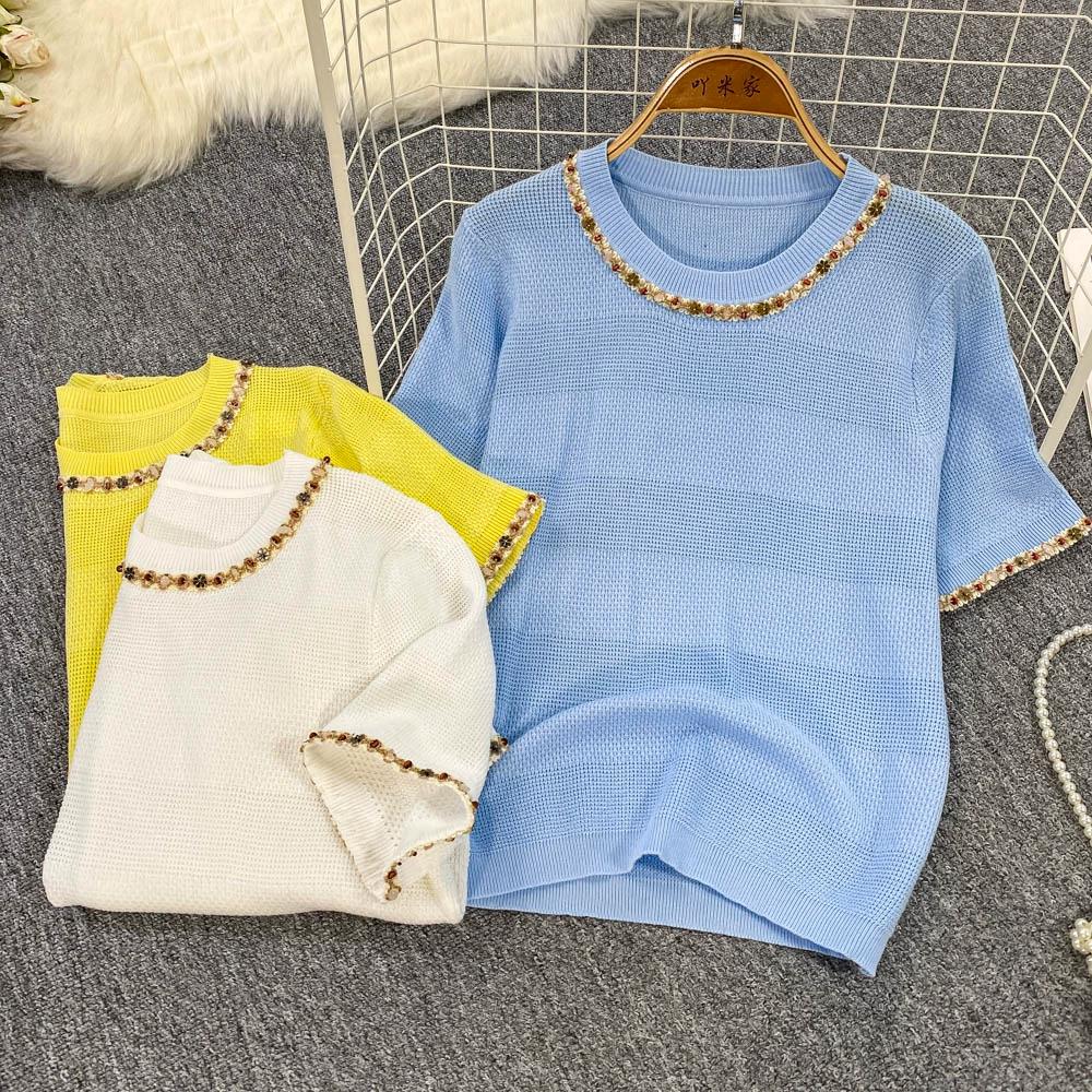 Summer Women O-neck Short Sleeve Sequined Knitted Sweater Pullover Tops