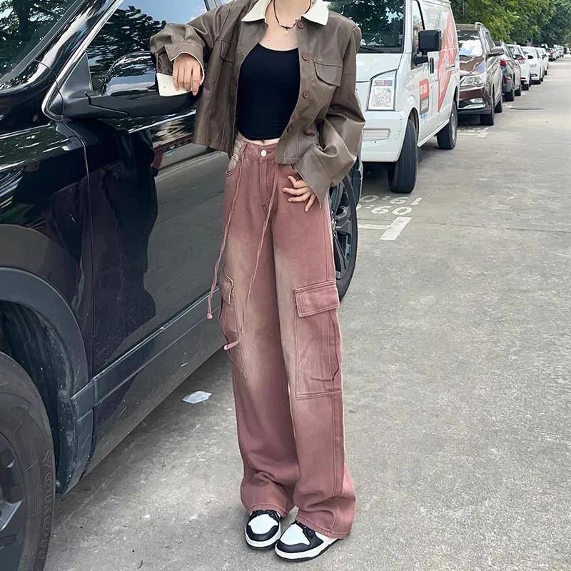 

Джинсы с широкими штанинами в сафари-стиле, с множеством карманов, для весны и осени, с высокой талией, карго, женская одежда, градиентные, стильные, с кулиской, брюки S коричневый