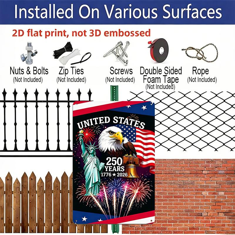 2D Flat Decorative 8×12 Inch Aluminum Plaque Metal Sign | 250 Years of Freedom (1776-2026): Statue of Liberty, Bald Eagle & American Flag Pattern