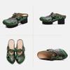 Johnature Etnische Stijl Dikke Hak Ronde Neus Buitenslippers Retro Bedrukt Echt Leer Dames Schoenen
