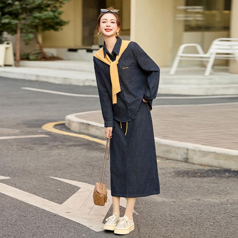 Modă de Primăvară 2025 Jachetă Denim & Fustă Midi cu Șal - Set din Trei Piese (CY8115)