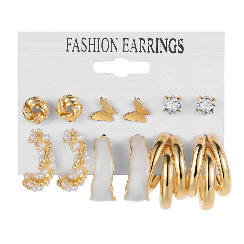 Multi-layer Geometric Circle Inlaid Rhinestone Butterfly Stud Earrings Set 6 Pairs of Creative Butterfly Pendant Earrings