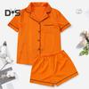 2 Pcs/Set Women Shirt Shorts Suit V Neck Lapel Short Sleeves Satin Solid Color Top Elastic Waist Short Trousers Homewear Loungewear Outfit Summer
