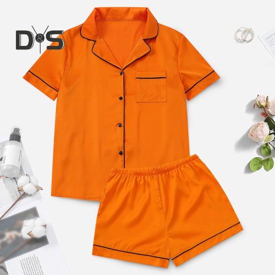 2 Stück/Set Damen Hemd Shorts Anzug V-Ausschnitt Revers Kurzärmlig Satin Einfarbig Oberteil Elastischer Bund Kurze Hose Homewear Loungewear Outfit Sommer