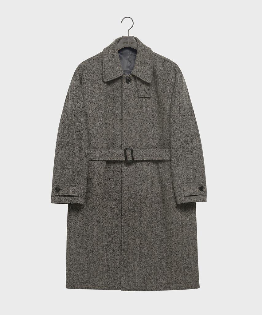 Noirer Wool Silk Herringbone Balmacaan Coat (Grey)