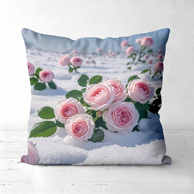 Pink Roses On Snowy Scenes Decorative Throw Pillows Polyester pillowcase, sofa decorative cushion cov Headboard Pillow