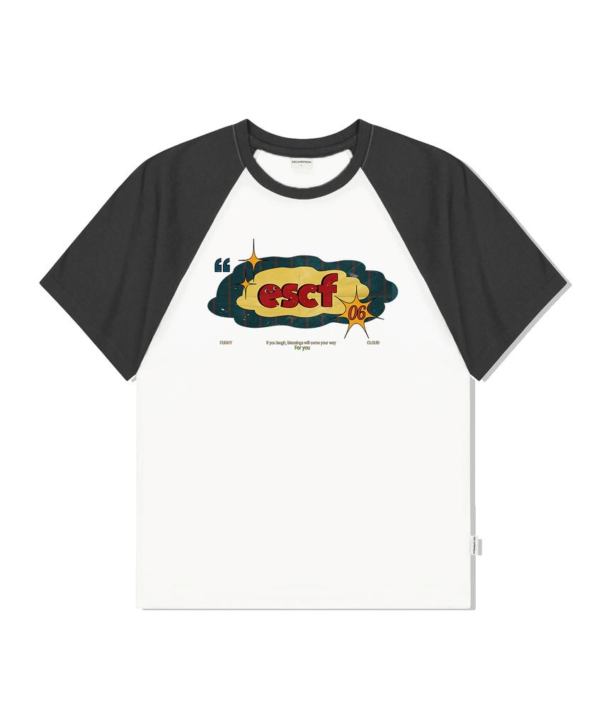 ESCAPEFROM Mini Vintage Cloud Print Raglan Color Block Short Sleeve T-Shirt Charcoal