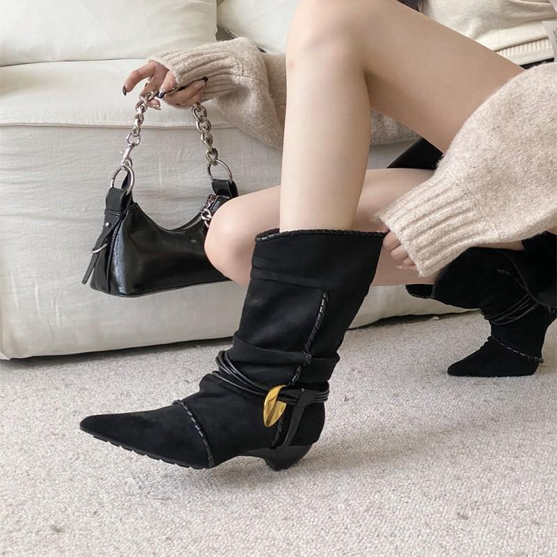 New brown matte kitten heel pile boots~ pointed sleeve thick heel medium heel short boots flanged two wear cowboy boots