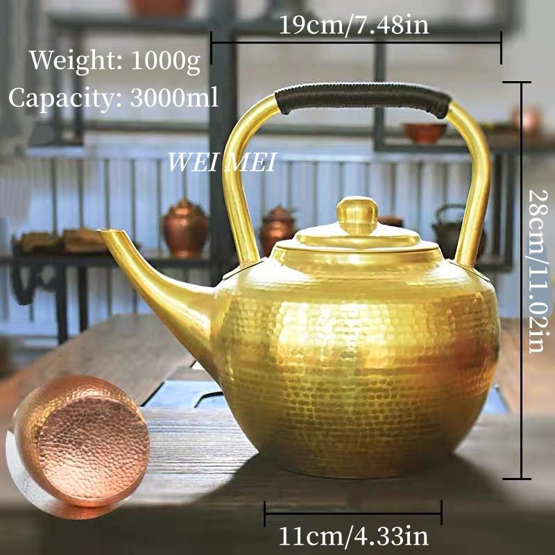 

Vintage Pure Copper Tea Pot,Large Capacity Camping 3 L Brewing Coffee Water Kettle,Handcrafted Woven Handle Pot Water Kettle