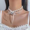 Baroque Style Light Luxury Double Layer Pearl Necklace Metal Heart Bow Ribbon Choker Collarbone Chain for Women