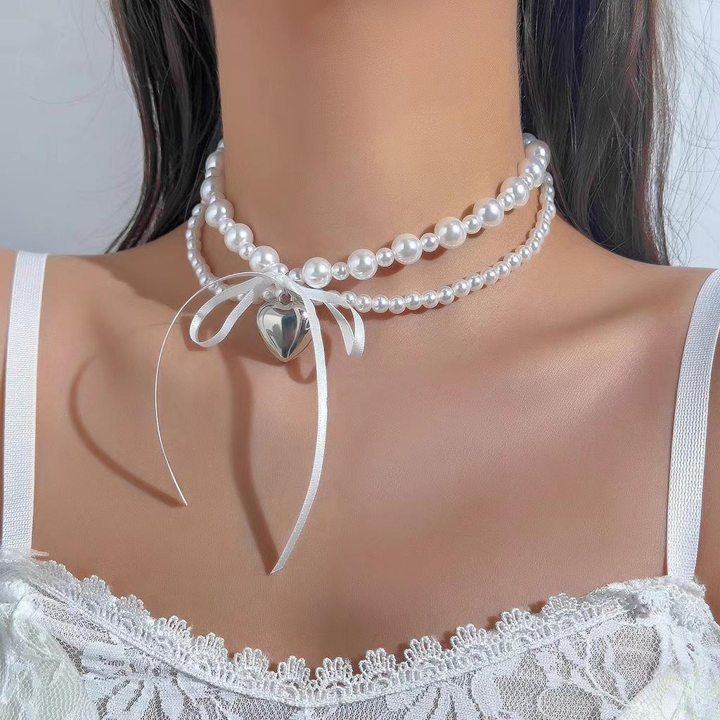 Baroque Style Light Luxury Double Layer Pearl Necklace Metal Heart Bow Ribbon Choker Collarbone Chain for Women