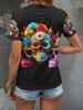 Halloween Women's T Shirt Skulls Floral Graphic Vintage Stylish Classic Short Sleeve V Neck Regular Tops Daily Print Black Orange Gray Summer Spring