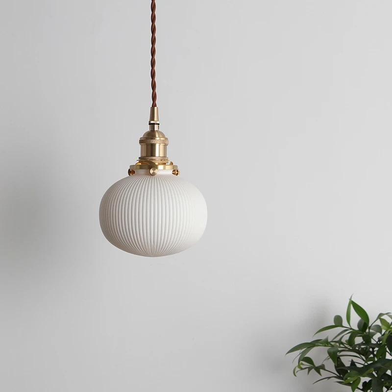 Nordic Inspired Japanese Brass & Pleated Ceramic Pendant Lamp for Restaurant, Bedroom or Dining Table