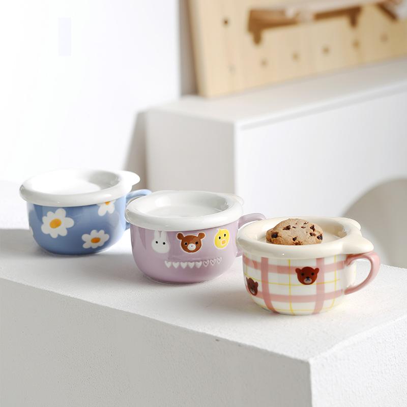 ins wind with lid bear mug, large capacity ceramic water cup gift children's breakfast milk cup