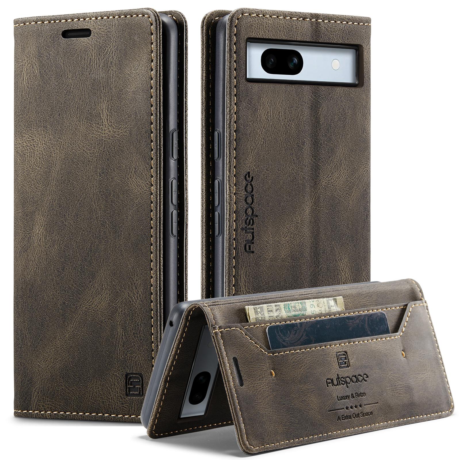 

For Google Pixel 7a Wallet Case AUTSPACE A01 Leather Stand Cover with RFID Blocking Card Holder Coffee