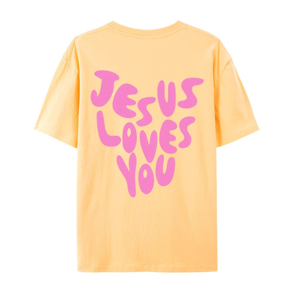 Jesus liebt mich Briefdrucke Damen Baumwoll-T-Shirts Mode O-Ausschnitt Oversize-Oberteile Lässig Locker Weich Kurzarm Damenbekleidung