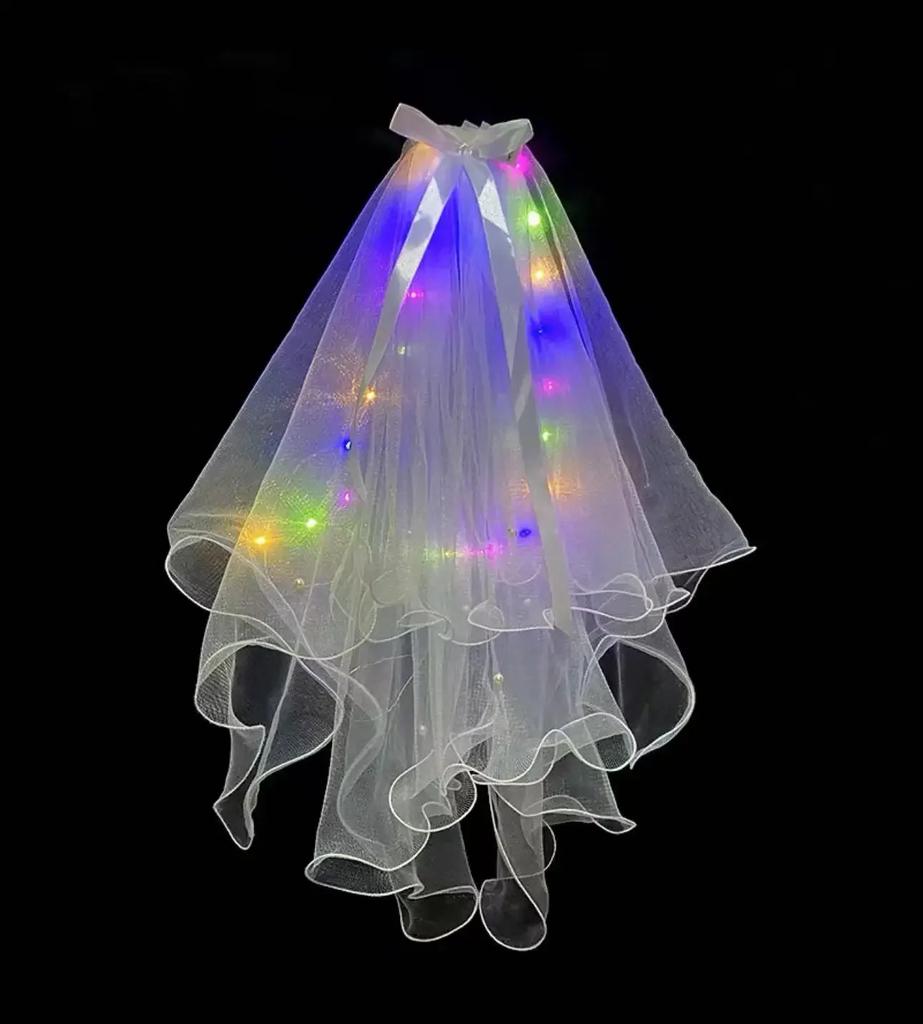 Leuchtender Hochzeitsschleier LED-Licht Schleife Perlen Schleier Leuchten im Dunkeln Partygeschenk Hochzeit Geburtstagsfeier Cosplay Haarschmuck