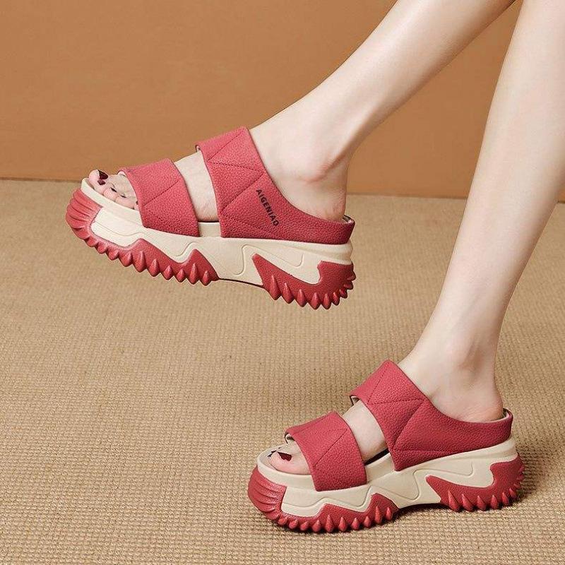 Thick-soled Heightening Slippers Women's 2025 Summer New Wear Super Soft Casual Muffin Shoes Lazy One-word Cool Slippers Women
